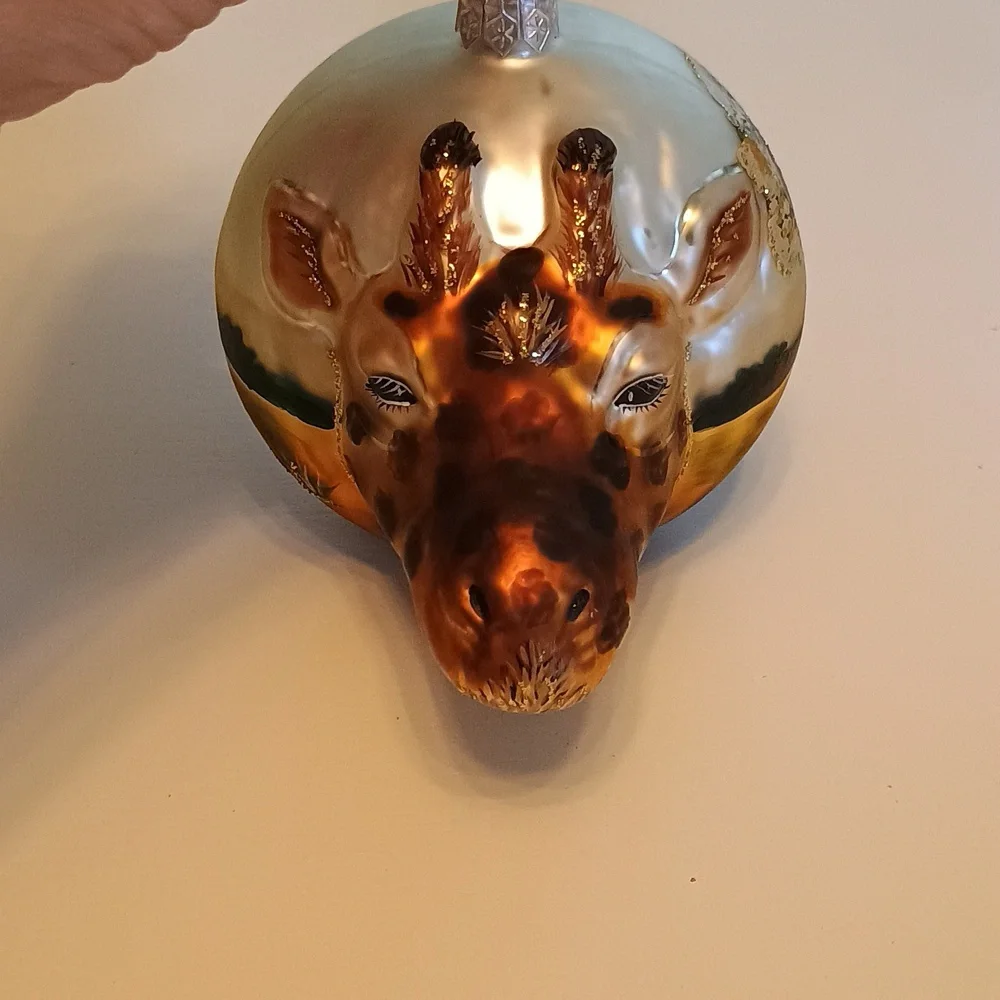 Hand Blown Glass Giraffe Head Christmas Ornament Hand Painted in Gold and Brown